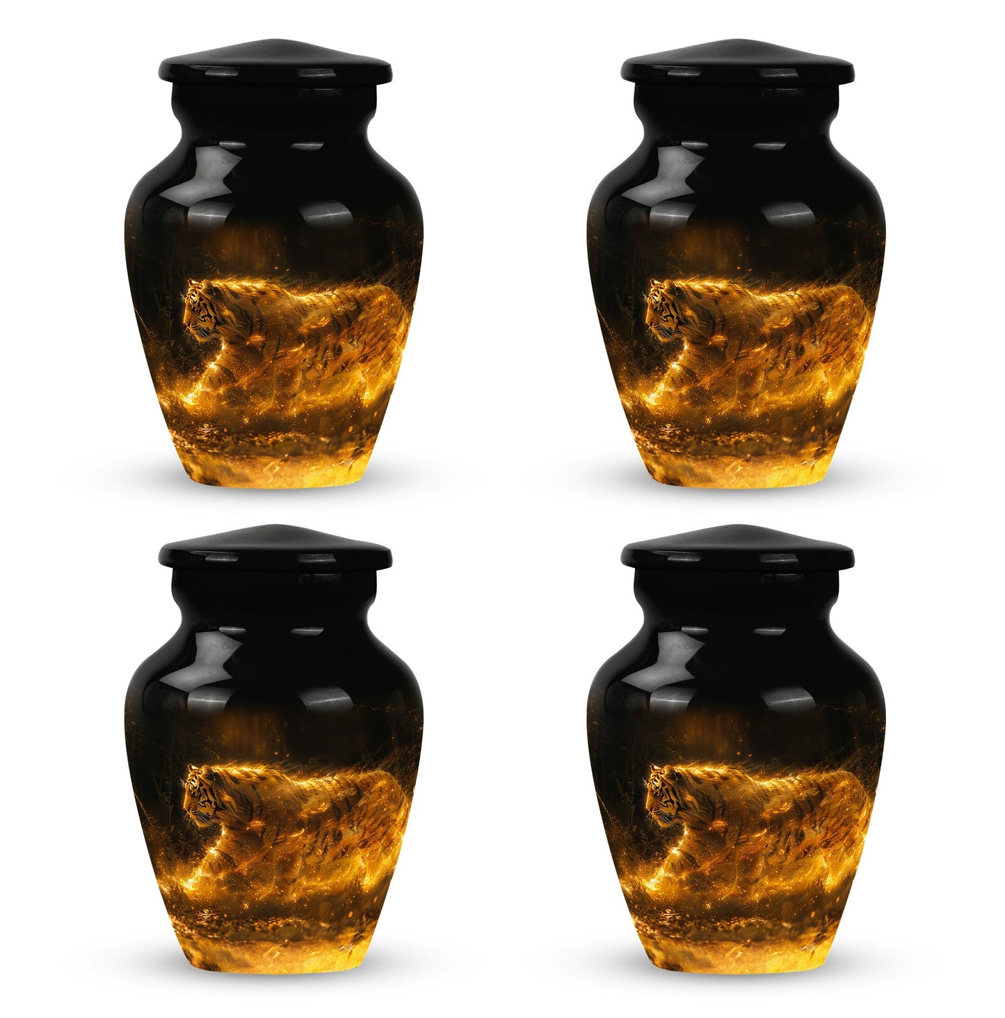 Tiger Urn for Ashes, Tiger Running Through Golden Fire on Black, Memorial Urn