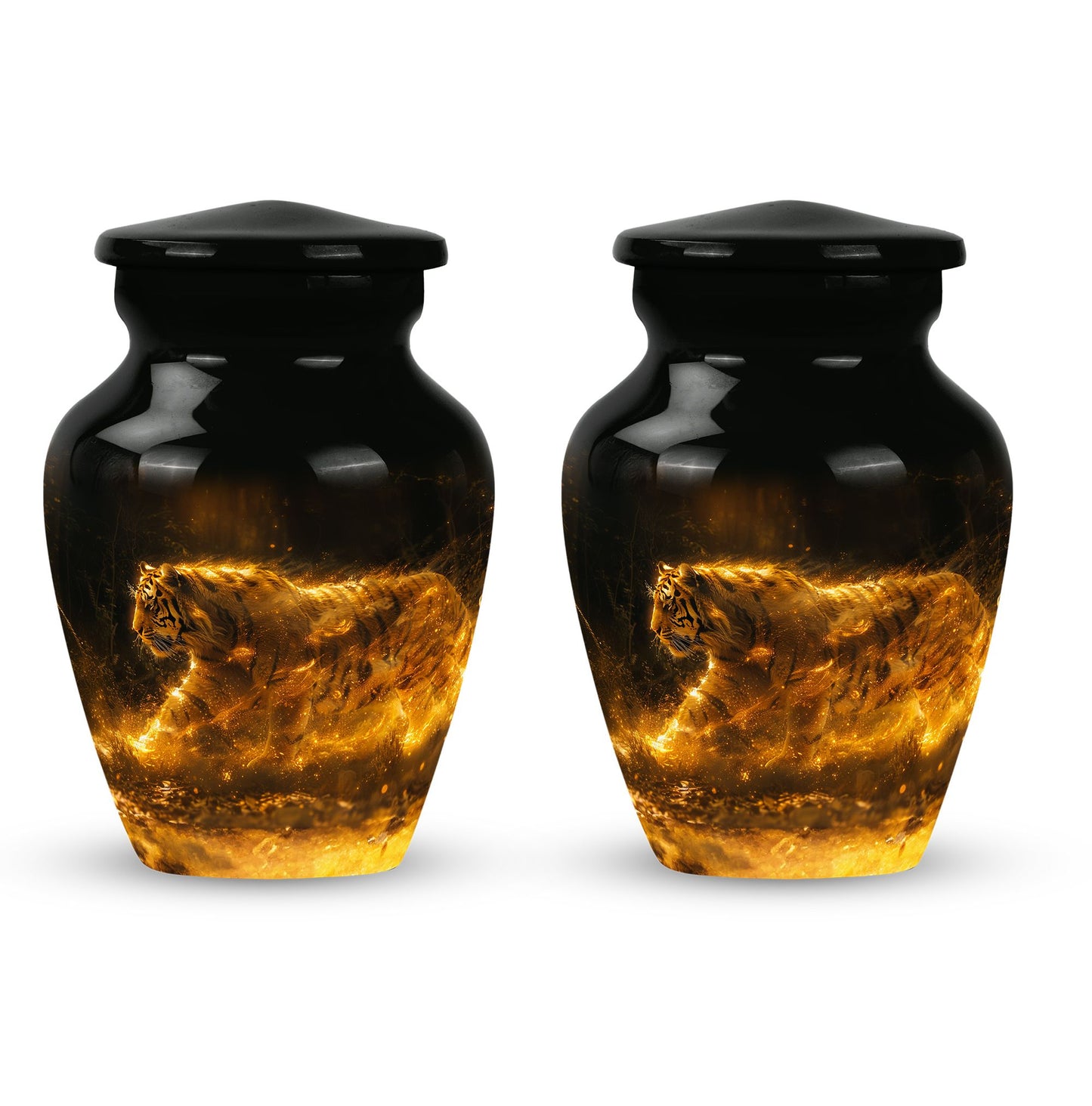 Tiger Urn for Ashes, Tiger Running Through Golden Fire on Black, Memorial Urn