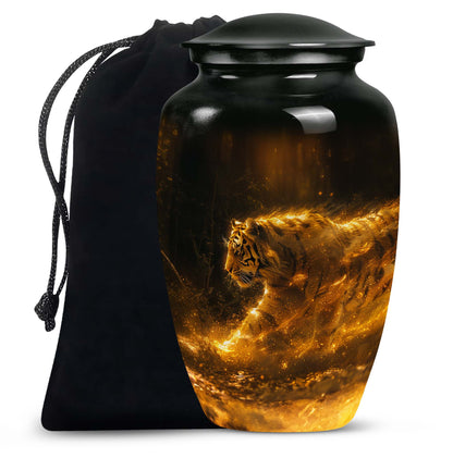 Tiger Urn for Ashes, Tiger Running Through Golden Fire on Black, Memorial Urn
