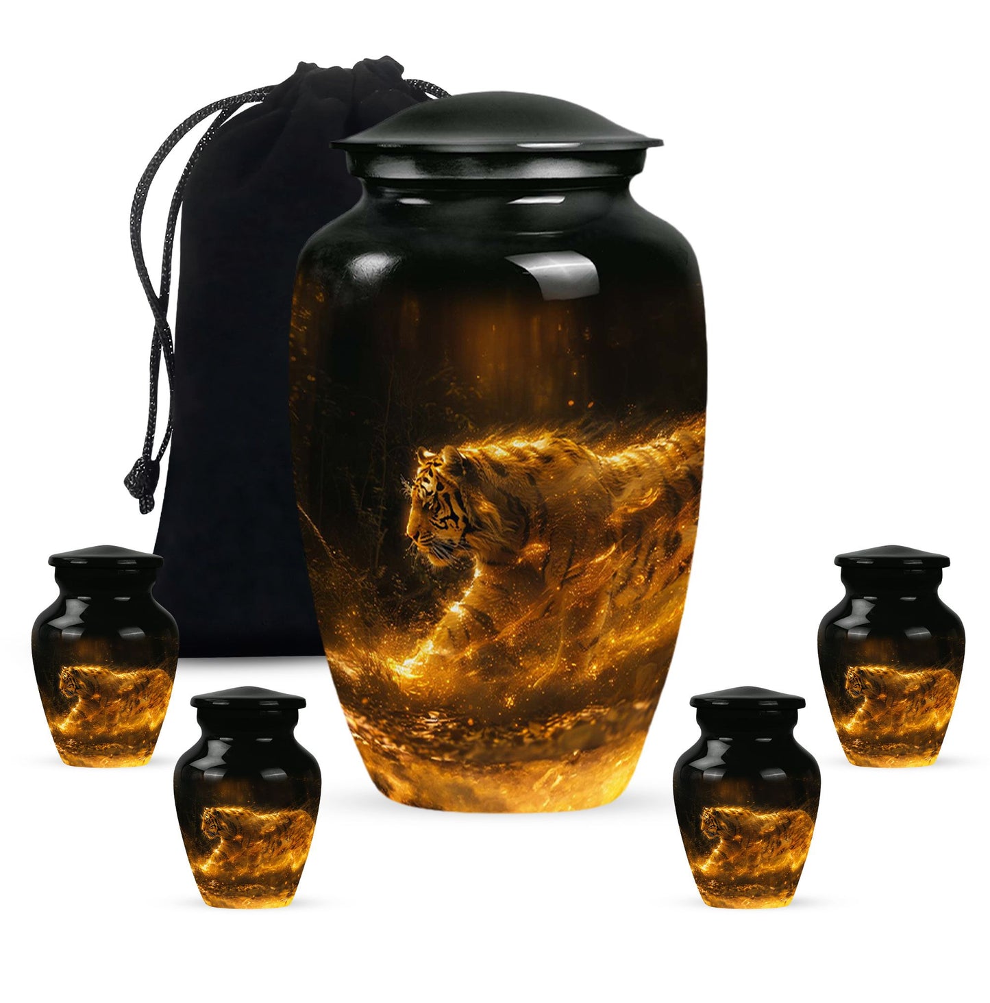 Tiger Urn for Ashes, Tiger Running Through Golden Fire on Black, Memorial Urn