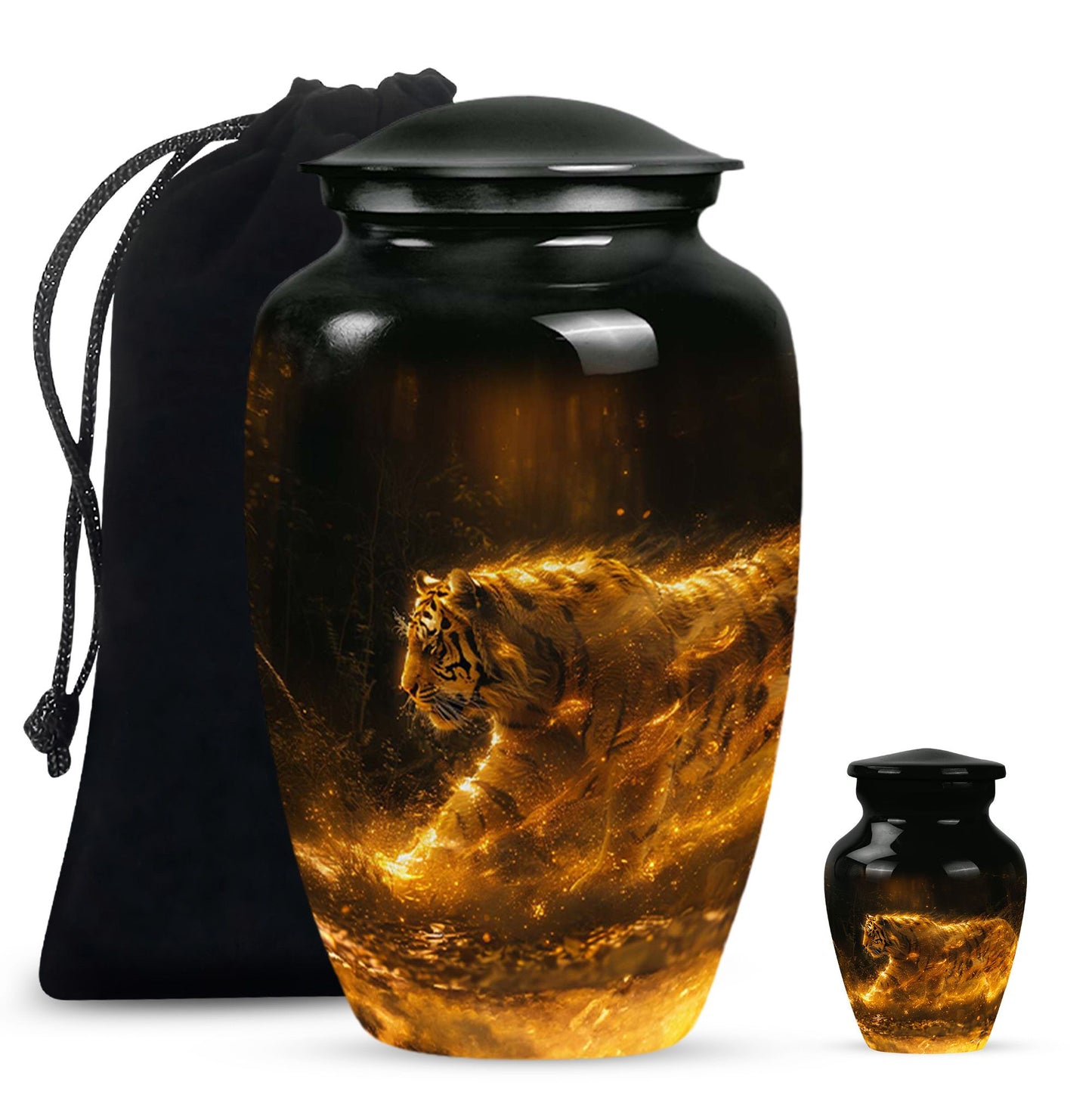 Tiger Urn for Ashes, Tiger Running Through Golden Fire on Black, Memorial Urn