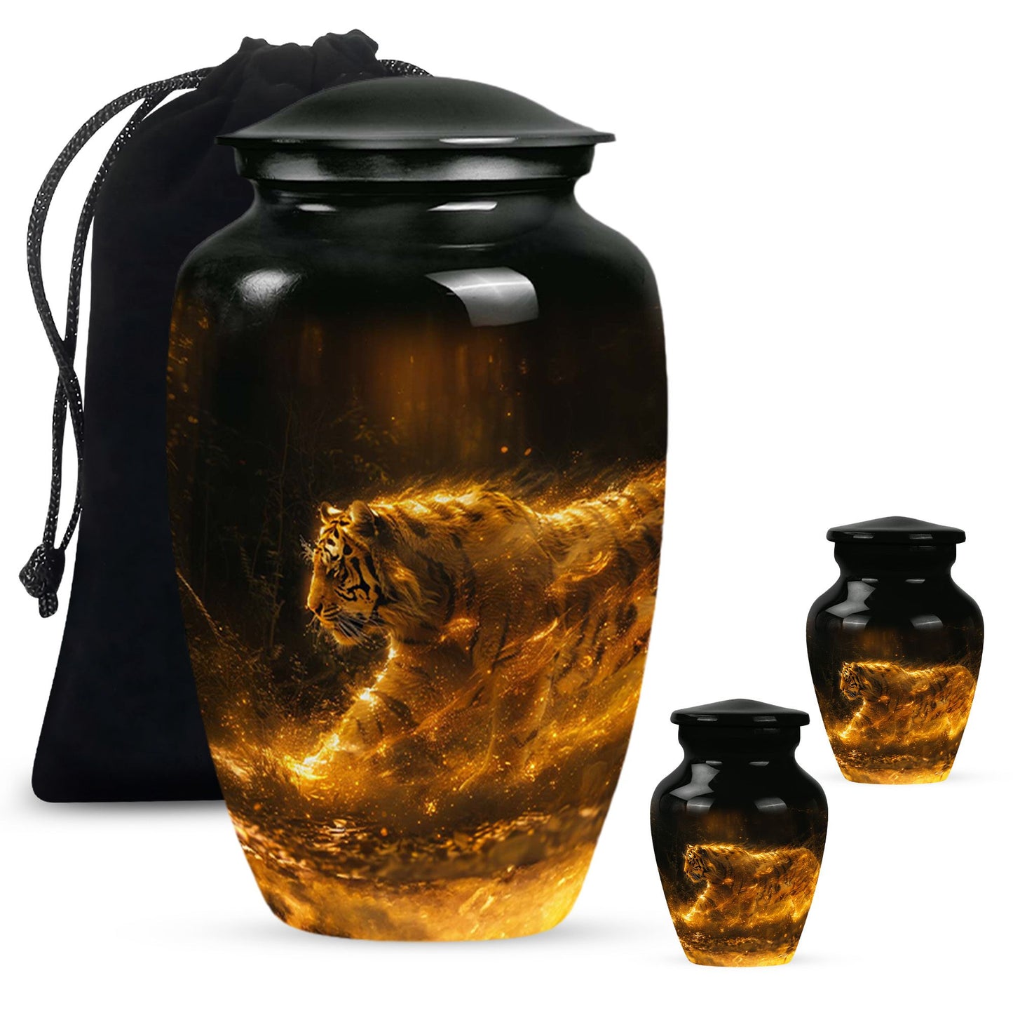 Tiger Urn for Ashes, Tiger Running Through Golden Fire on Black, Memorial Urn