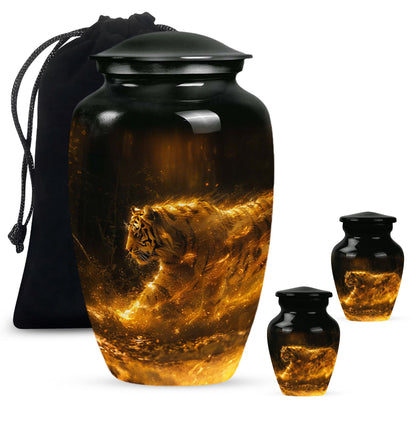 Tiger Urn for Ashes, Tiger Running Through Golden Fire on Black, Memorial Urn