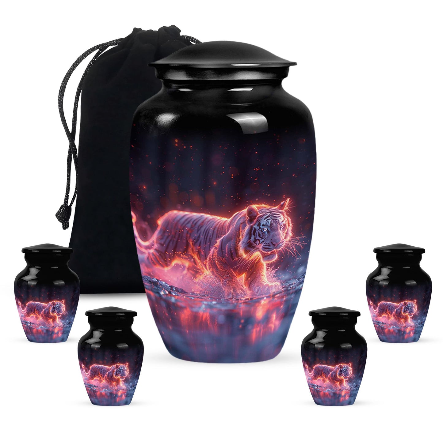 Black Personalized Tiger Cremation Urn for Human Ashes - 10-inch, 200 cu in - Yatskia