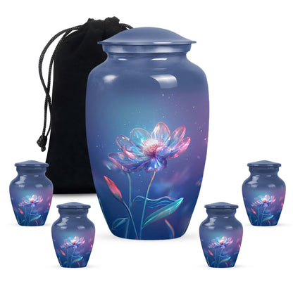 Blue Personalized Flower Cremation Urn for Human Ashes - 10-inch, 200 cu in - Yatskia