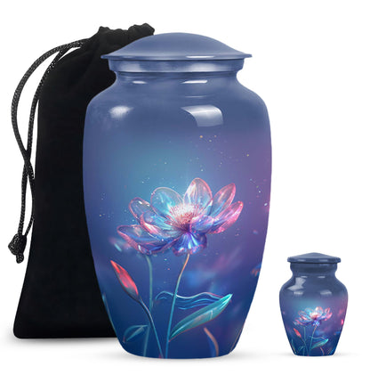 Blue Personalized Flower Cremation Urn for Human Ashes - 10-inch, 200 cu in - Yatskia