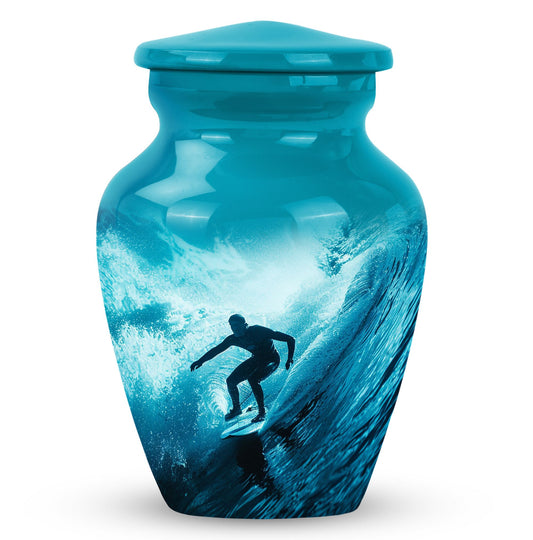 Surfing Urn for Human Ashes with Surfer Silhouette Turquoise Wave, Memorial Urn