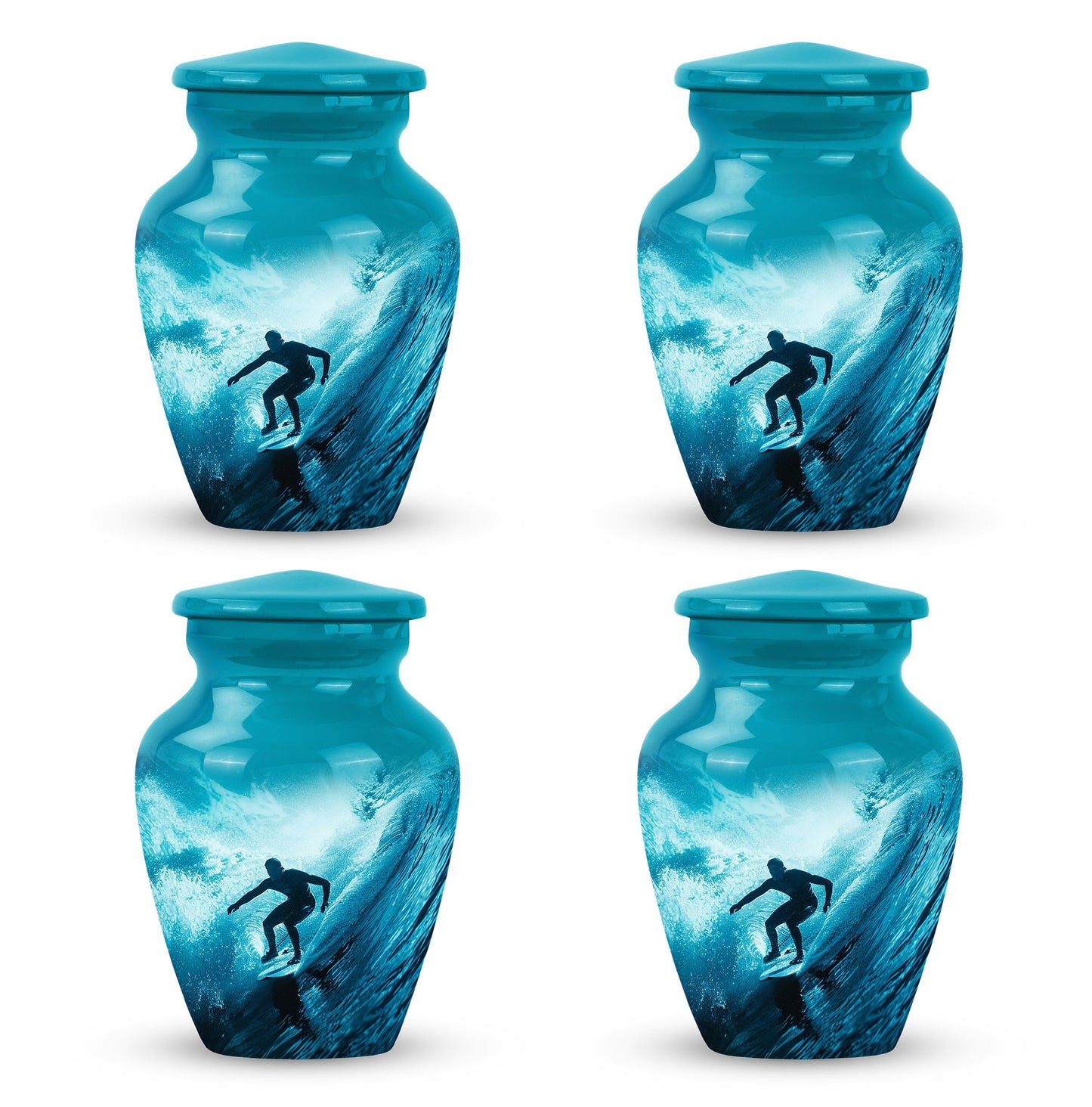 Surfing Urn for Human Ashes with Surfer Silhouette Turquoise Wave, Memorial Urn