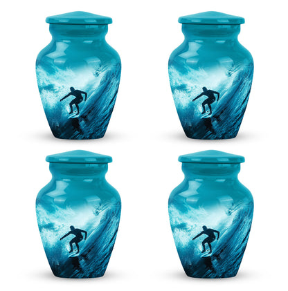 Surfing Urn for Human Ashes with Surfer Silhouette Turquoise Wave, Memorial Urn