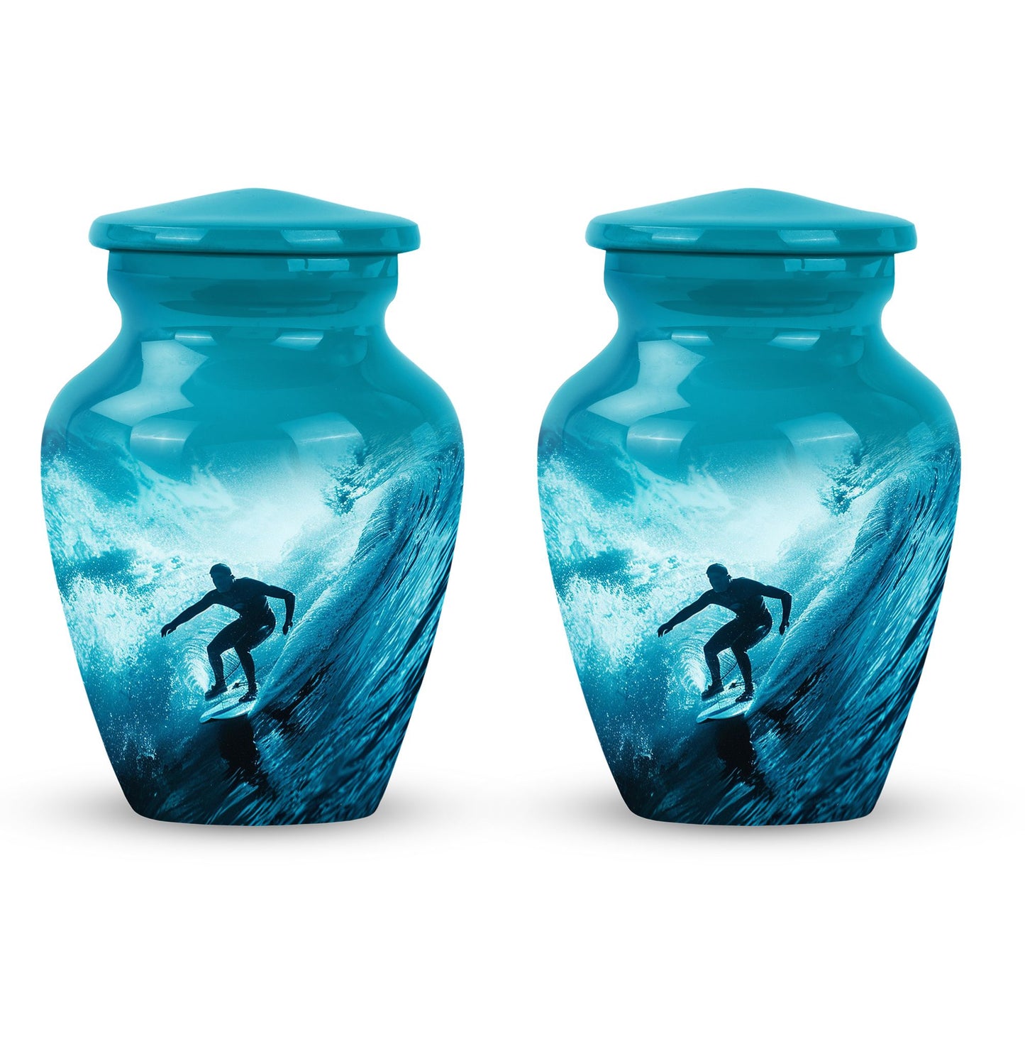 Surfing Urn for Human Ashes with Surfer Silhouette Turquoise Wave, Memorial Urn