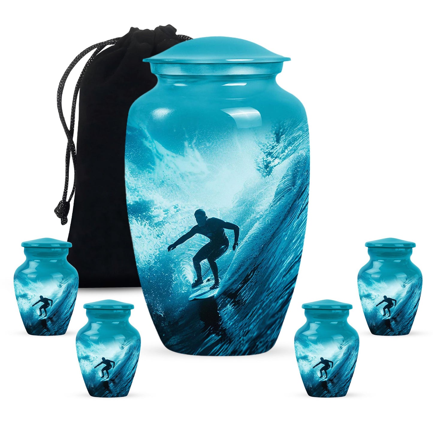 Surfing Urn for Human Ashes with Surfer Silhouette Turquoise Wave, Memorial Urn