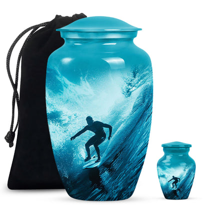 Surfing Urn for Human Ashes with Surfer Silhouette Turquoise Wave, Memorial Urn