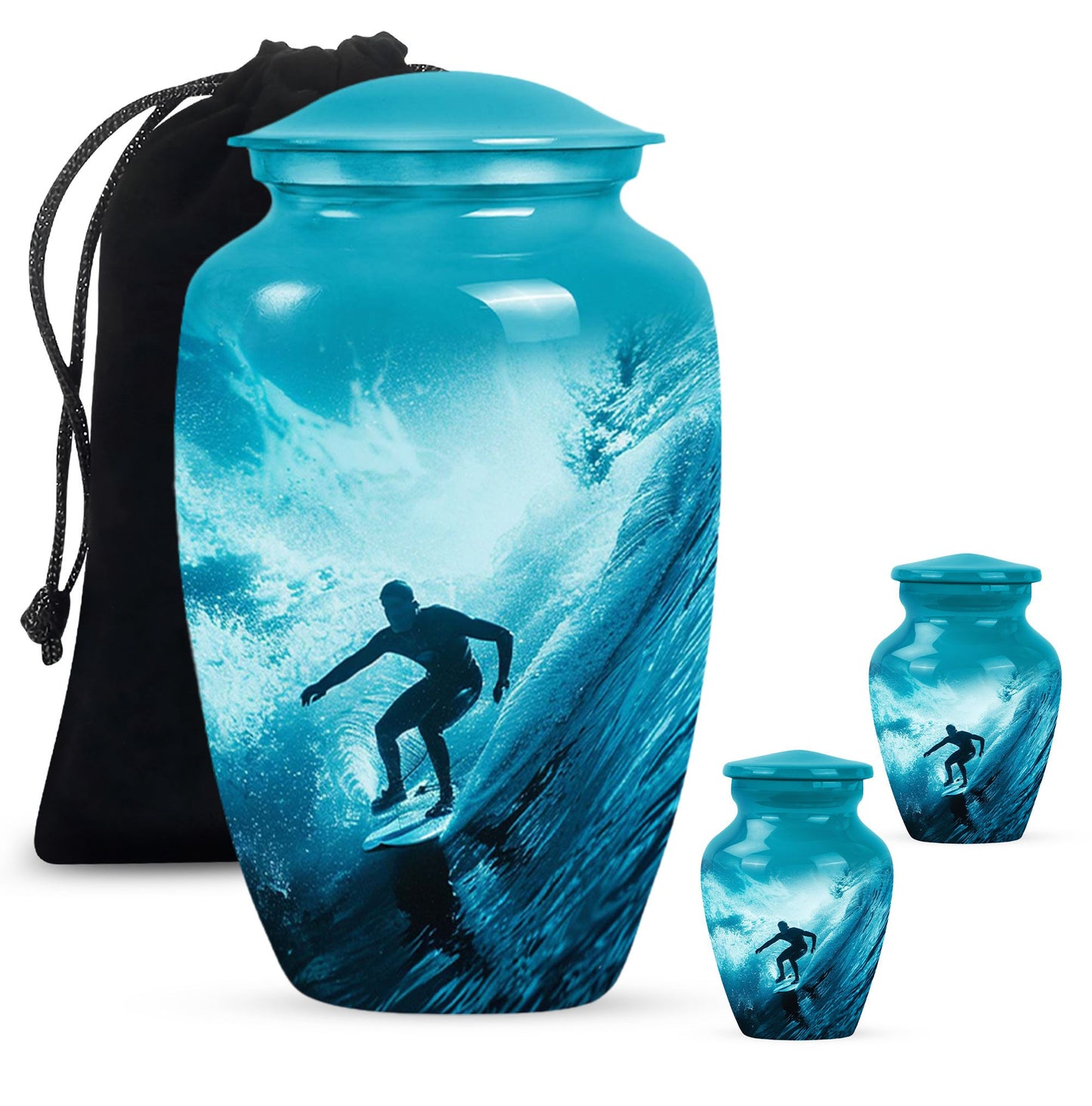 Surfing Urn for Human Ashes with Surfer Silhouette Turquoise Wave, Memorial Urn