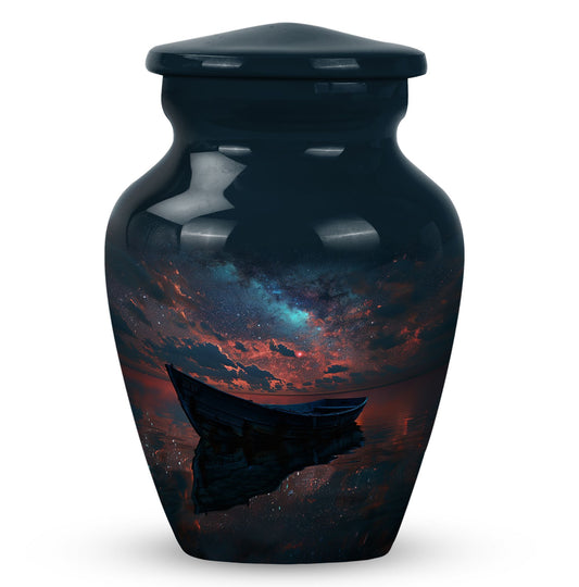 Boat Urn for Human Ashes, Rowboat Beneath a Starry Cosmic Sky, Cremation Urn