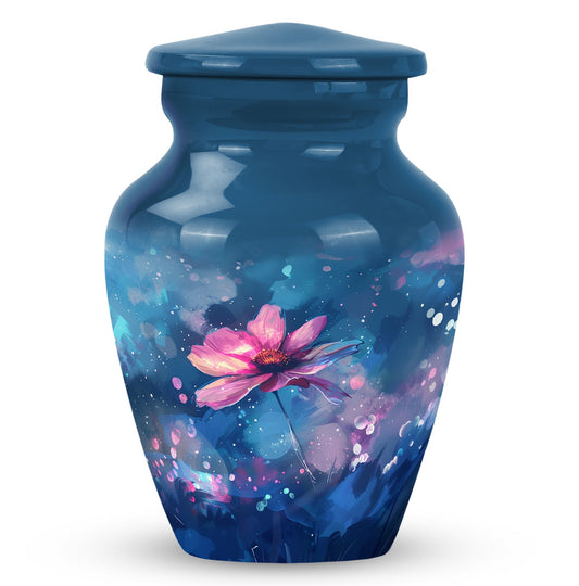 Flower Urn for Ashes, Single Pink Bloom on Dreamy Watercolor, Blue Cremation Urn