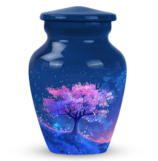 Flower Urn for Human Ashes, Blossom Tree Under Starry Night, Navy Gloss Urn