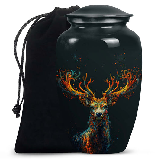 Black Deer Burial Urn with Artistic Floral Antlers – Unique Keepsake Urn