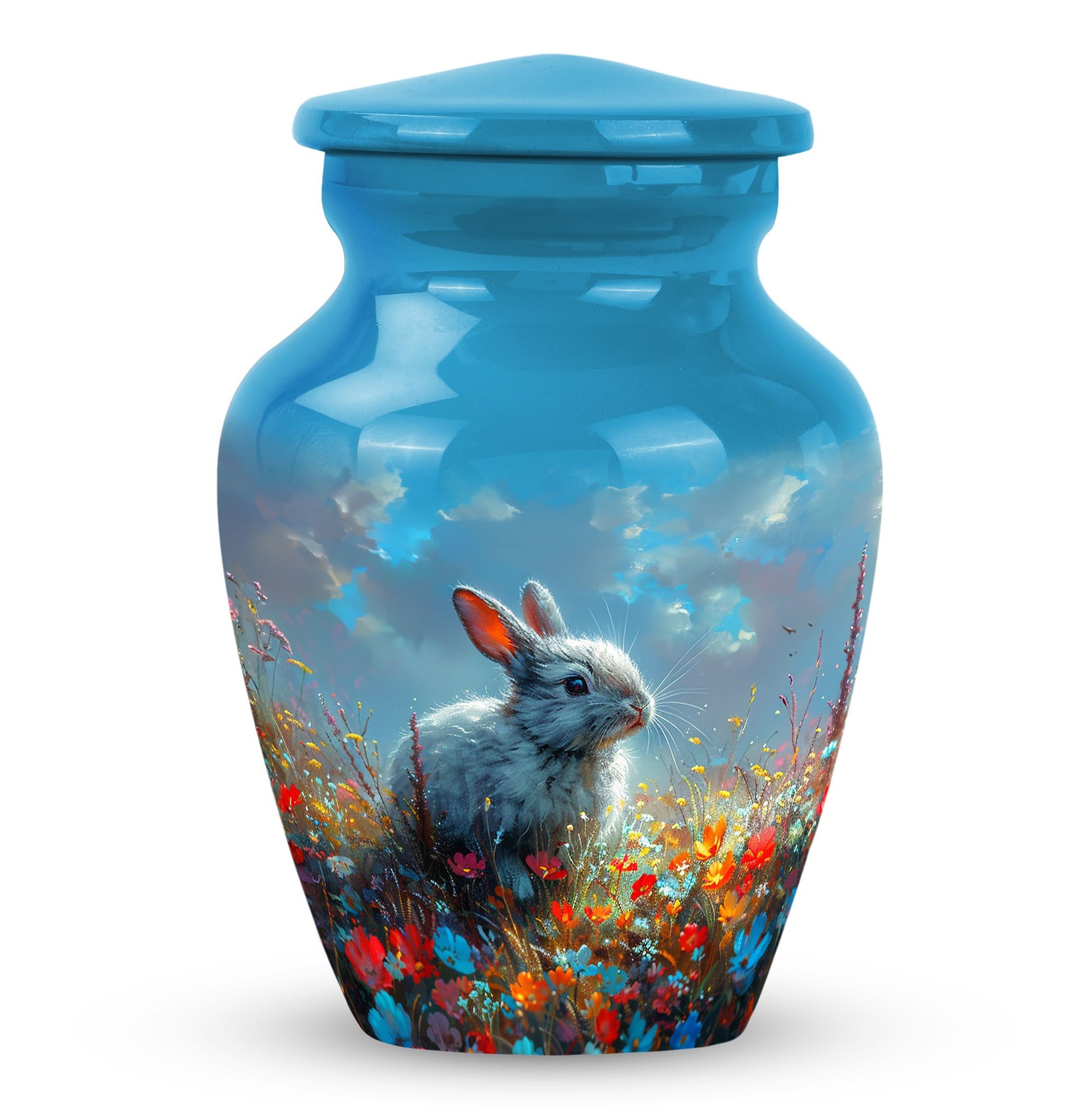 Colorful Flower Urn with White Bunny - Beautiful Pet Memorial Urn for Ashes