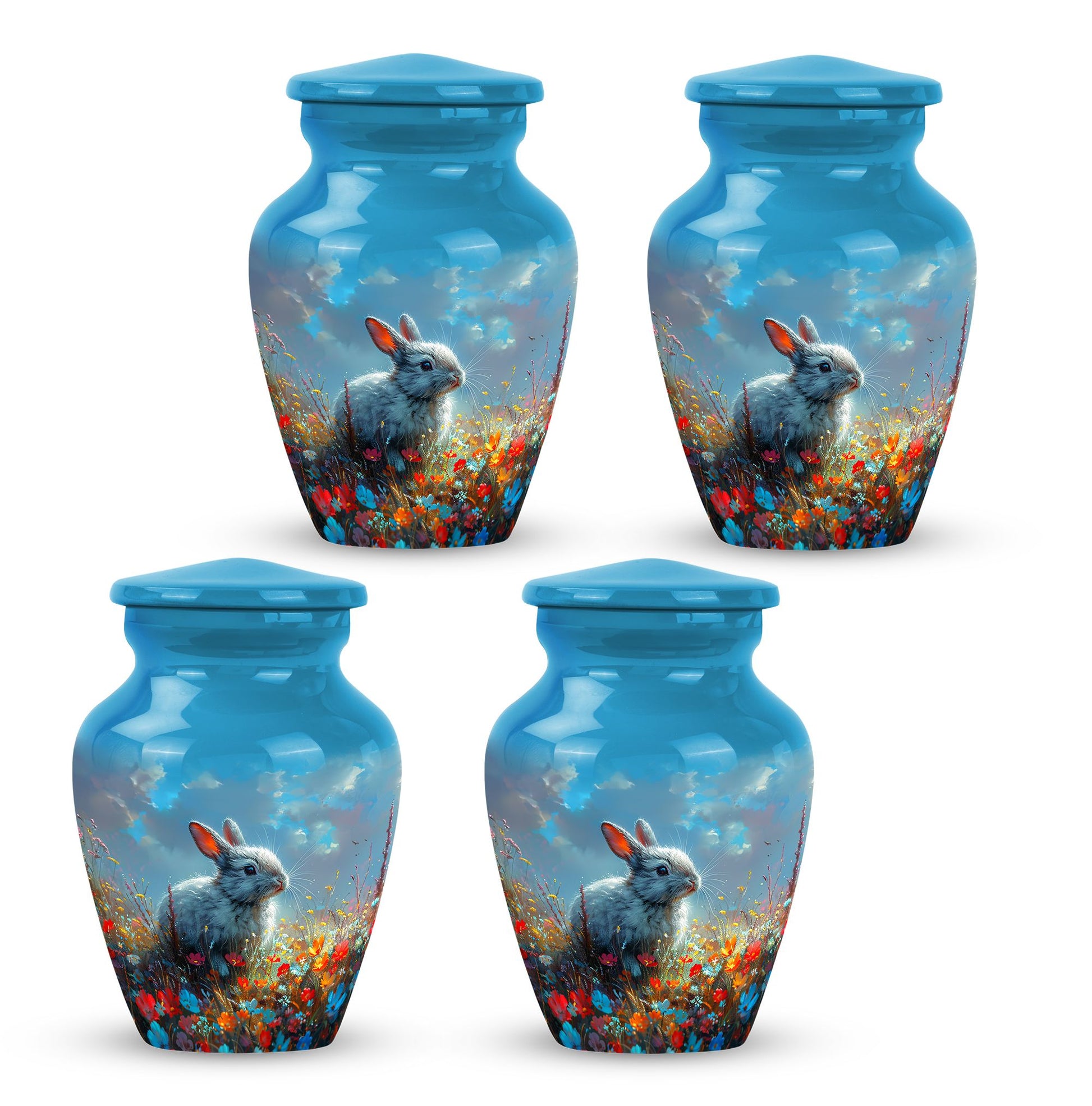 Colorful Flower Urn with White Bunny - Beautiful Pet Memorial Urn for Ashes