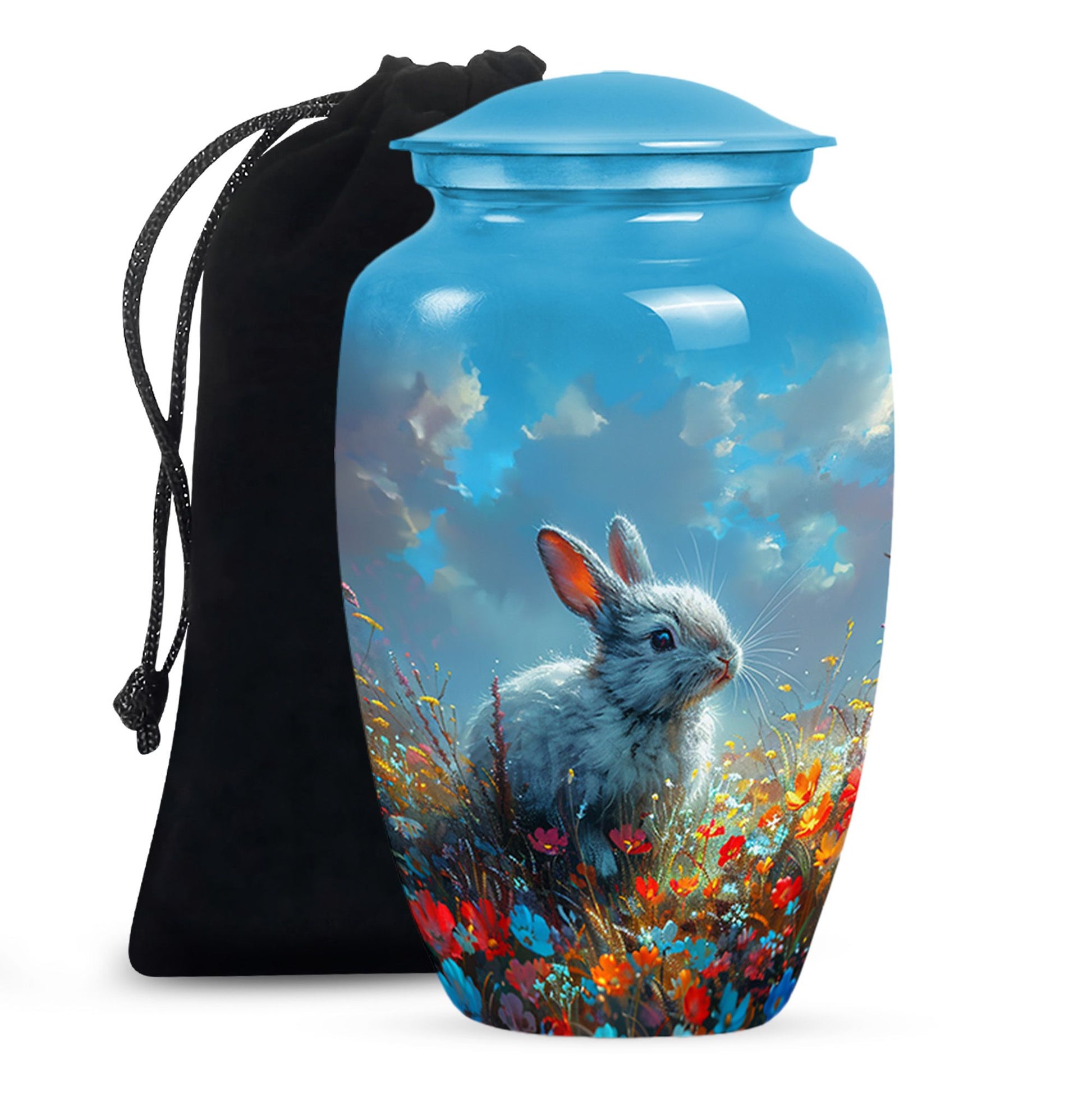 Colorful Flower Urn with White Bunny - Beautiful Pet Memorial Urn for Ashes