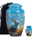 Colorful Flower Urn with White Bunny - Beautiful Pet Memorial Urn for Ashes