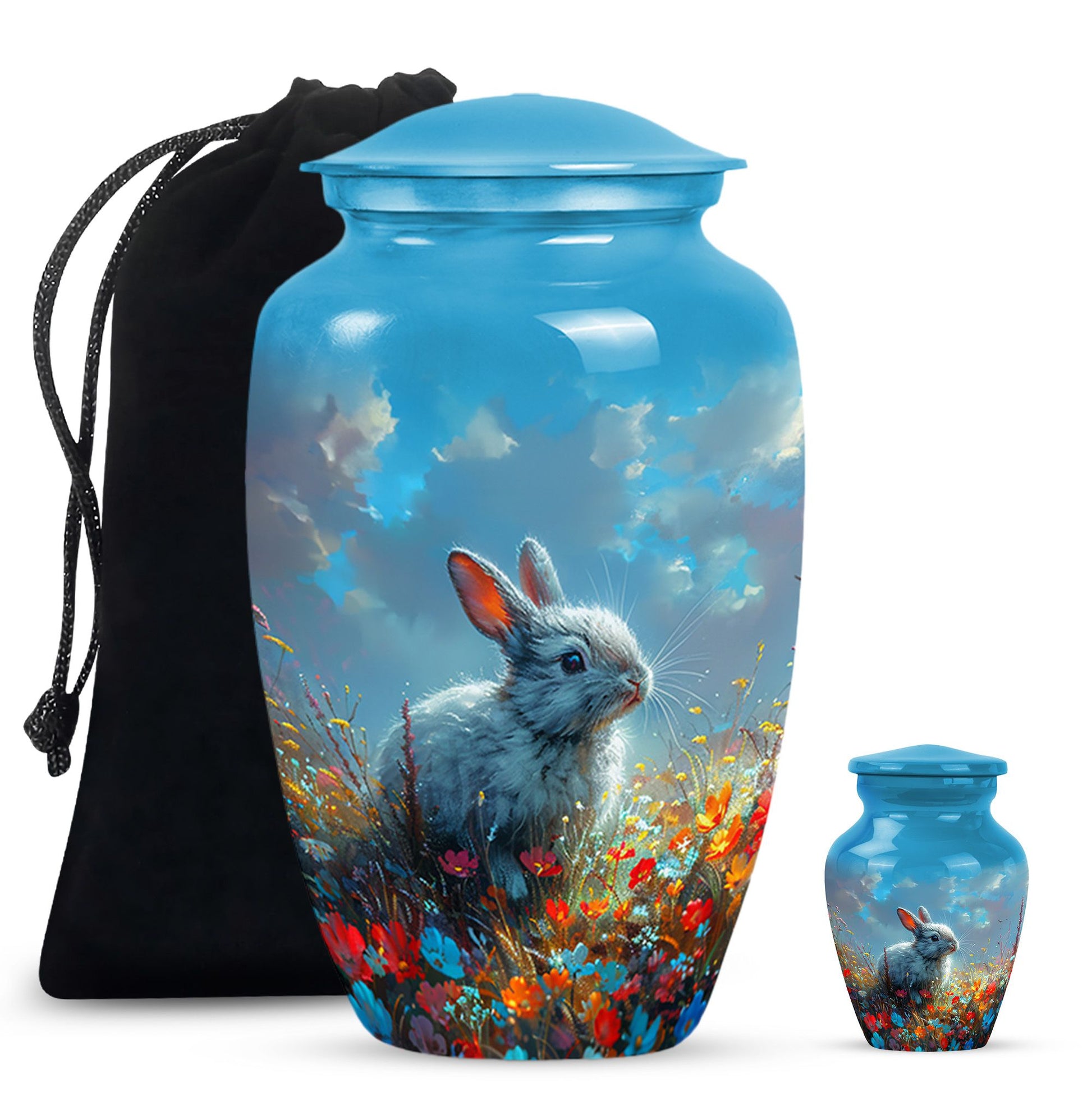 Colorful Flower Urn with White Bunny - Beautiful Pet Memorial Urn for Ashes