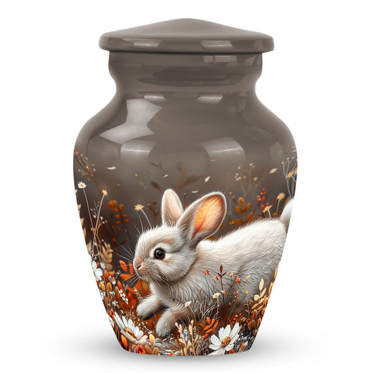 Rabbit Urn for Pet Ashes, White Rabbit in Autumn Floral Meadow, Memorial Urn