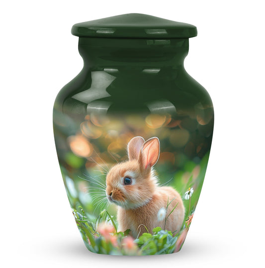 Rabbit Urn for Pet Ashes, Young Brown Rabbit in Grass and Flowers, Memorial Urn