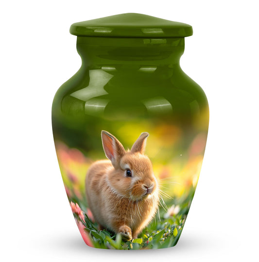 Rabbit Urn for Pet Ashes, Photorealistic Brown Rabbit in Sunlit Garden, Memorial Urn
