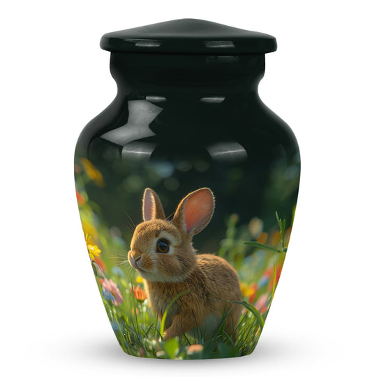 Rabbit Urn for Pet Ashes, Brown Rabbit in Sunlit Flower Grass, Memorial Urn