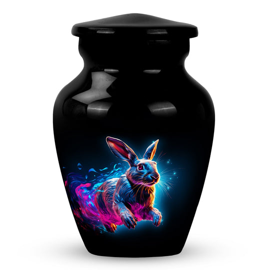Rabbit Urn for Pet Ashes, Neon Glowing Rabbit Leaping on Black, Memorial Urn