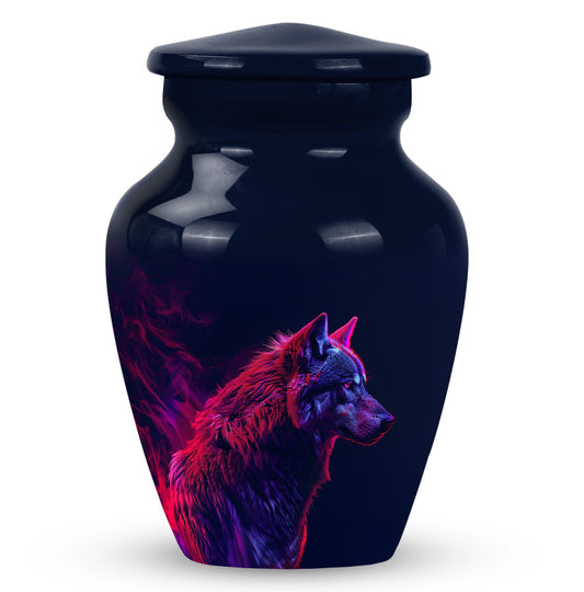 Wolf Urn for Human Ashes, Profile in Red Purple Neon Smoke, Memorial Urn