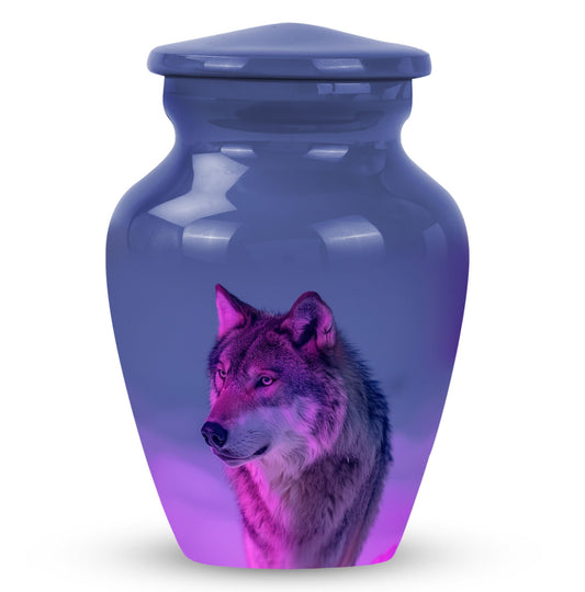 Wolf Urn for Human Ashes, Portrait in Purple Lighting, Memorial Urn