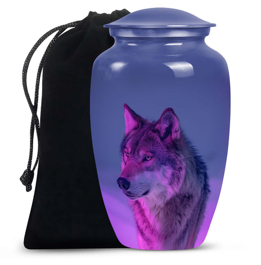 Wolf Cremation Urn for Ashes - Purple Wolf Design Memorial Urn
