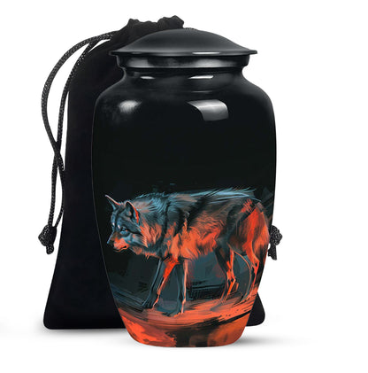 Black Personalized Wolf Cremation Urn for Human Ashes - 10-inch, 200 cu in - Yatskia
