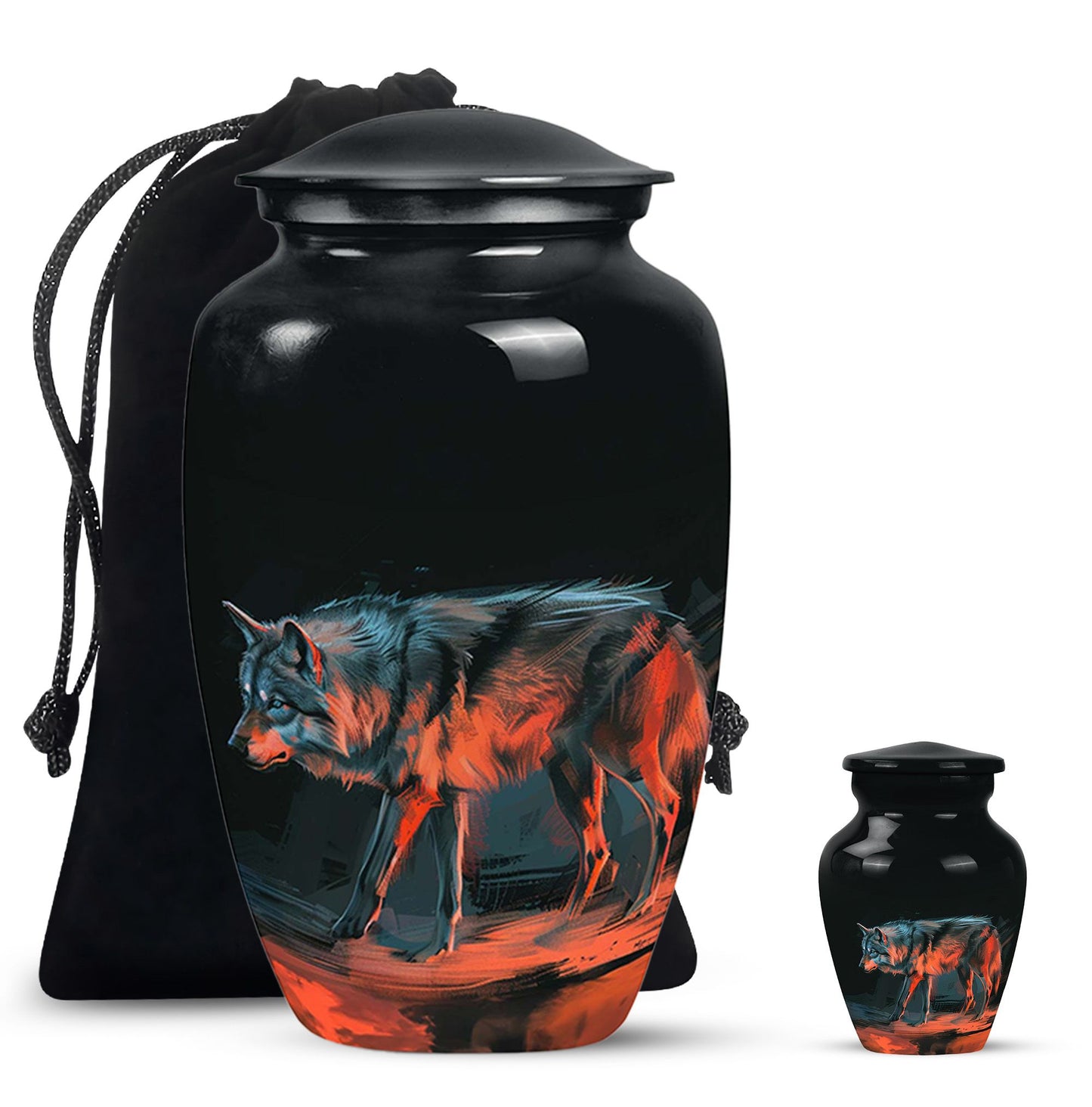 Black Personalized Wolf Cremation Urn for Human Ashes - 10-inch, 200 cu in - Yatskia