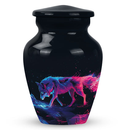 Wolf Urn for Human Ashes, Neon Pink Blue Prowling on Rocks, Cremation Urn