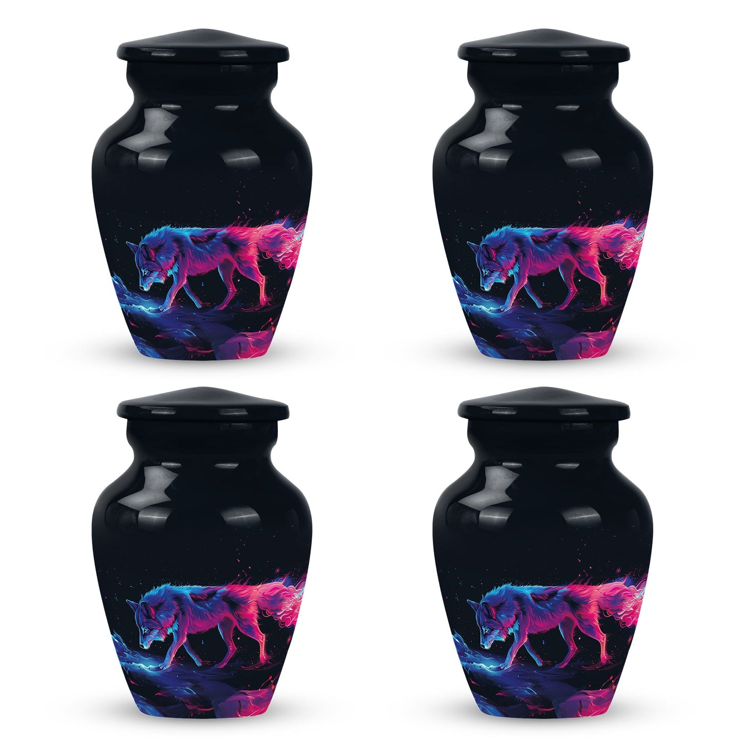 Wolf Urn for Human Ashes, Neon Pink Blue Prowling on Rocks, Cremation Urn