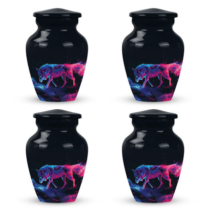Wolf Urn for Human Ashes, Neon Pink Blue Prowling on Rocks, Cremation Urn