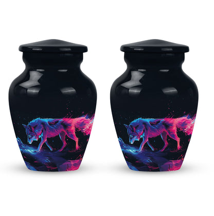 Wolf Urn for Human Ashes, Neon Pink Blue Prowling on Rocks, Cremation Urn