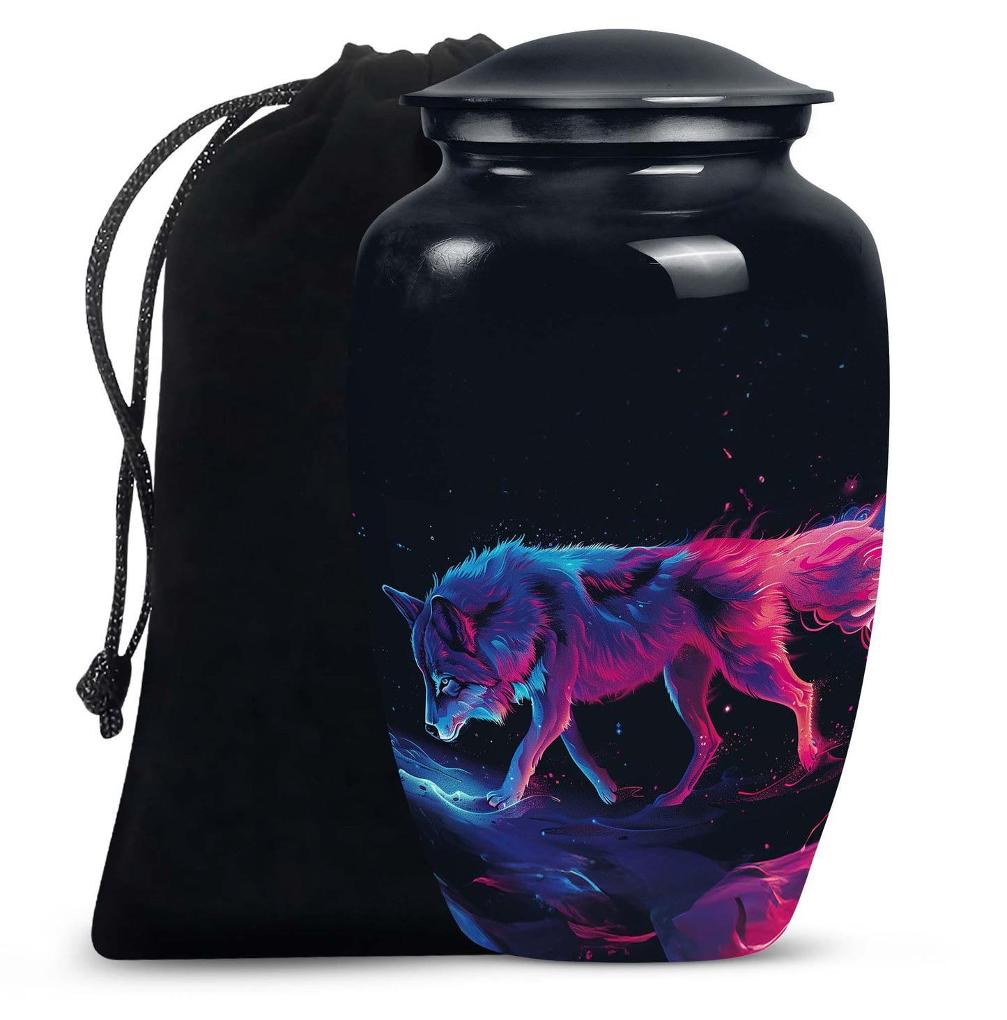 Wolf Urn for Human Ashes, Neon Pink Blue Prowling on Rocks, Cremation Urn
