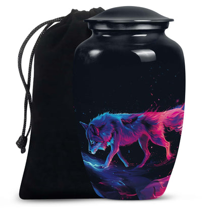 Wolf Urn for Human Ashes, Neon Pink Blue Prowling on Rocks, Cremation Urn