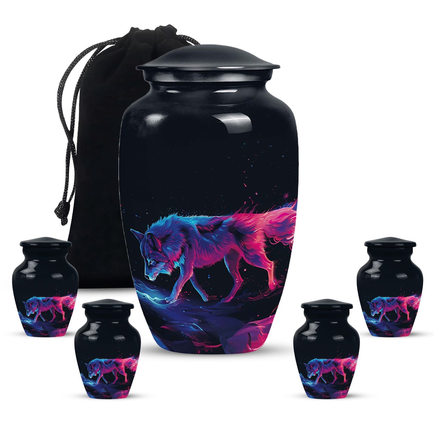 Wolf Urn for Human Ashes, Neon Pink Blue Prowling on Rocks, Cremation Urn