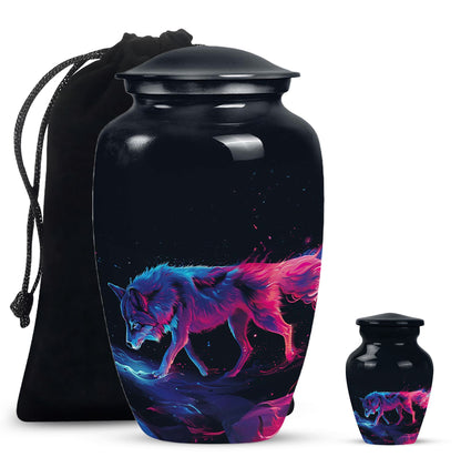 Wolf Urn for Human Ashes, Neon Pink Blue Prowling on Rocks, Cremation Urn