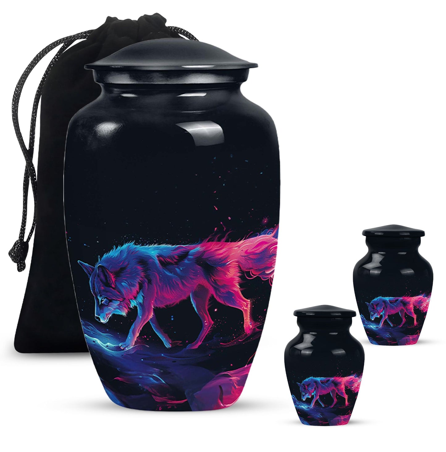 Wolf Urn for Human Ashes, Neon Pink Blue Prowling on Rocks, Cremation Urn