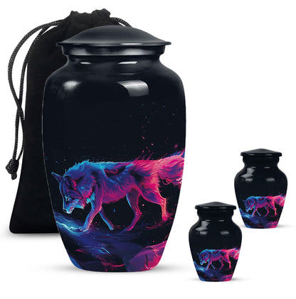 Wolf Urn for Human Ashes, Neon Pink Blue Prowling on Rocks, Cremation Urn