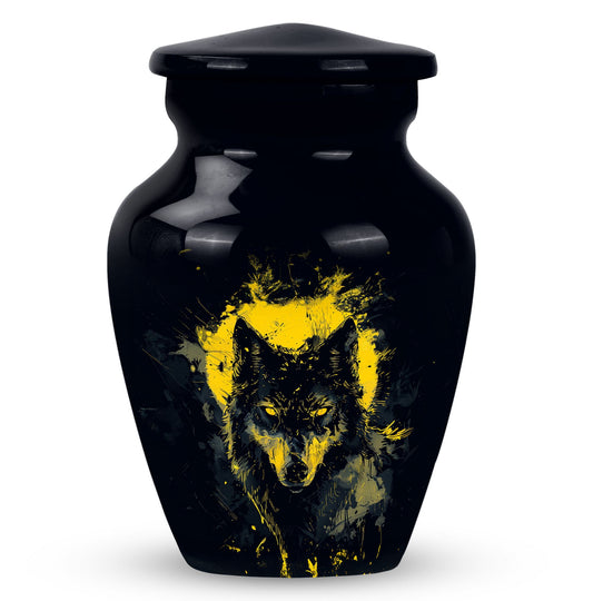 Wolf Urn for Human Ashes with Howling Wolf Graphic, Black Cremation Urn