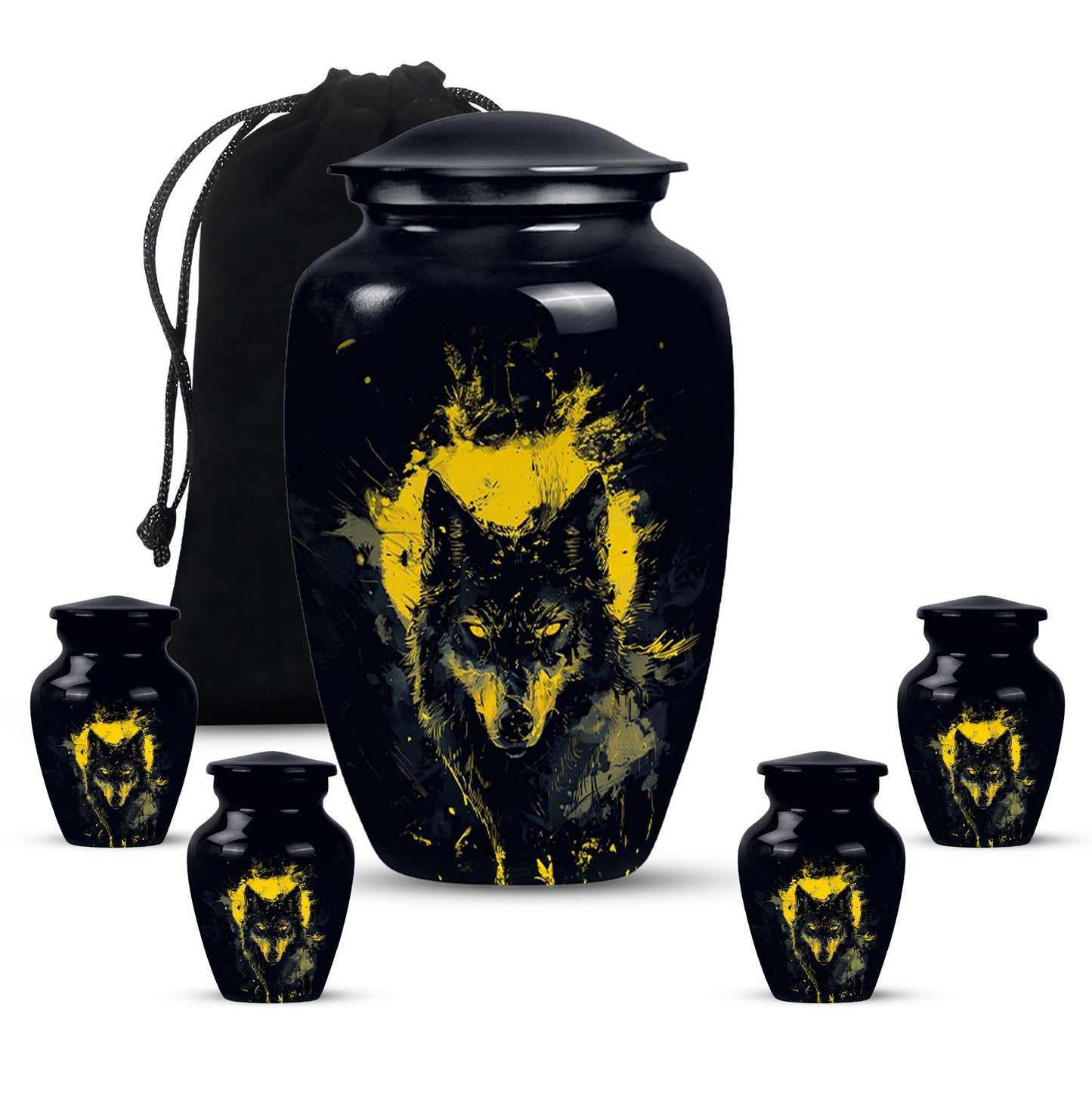Black Personalized Wolf Cremation Urn for Human Ashes - 10-inch, 200 cu in - Yatskia