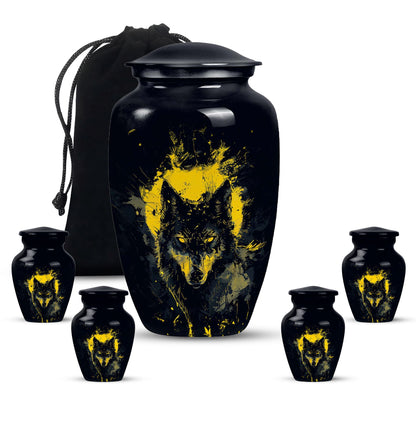 Black Personalized Wolf Cremation Urn for Human Ashes - 10-inch, 200 cu in - Yatskia
