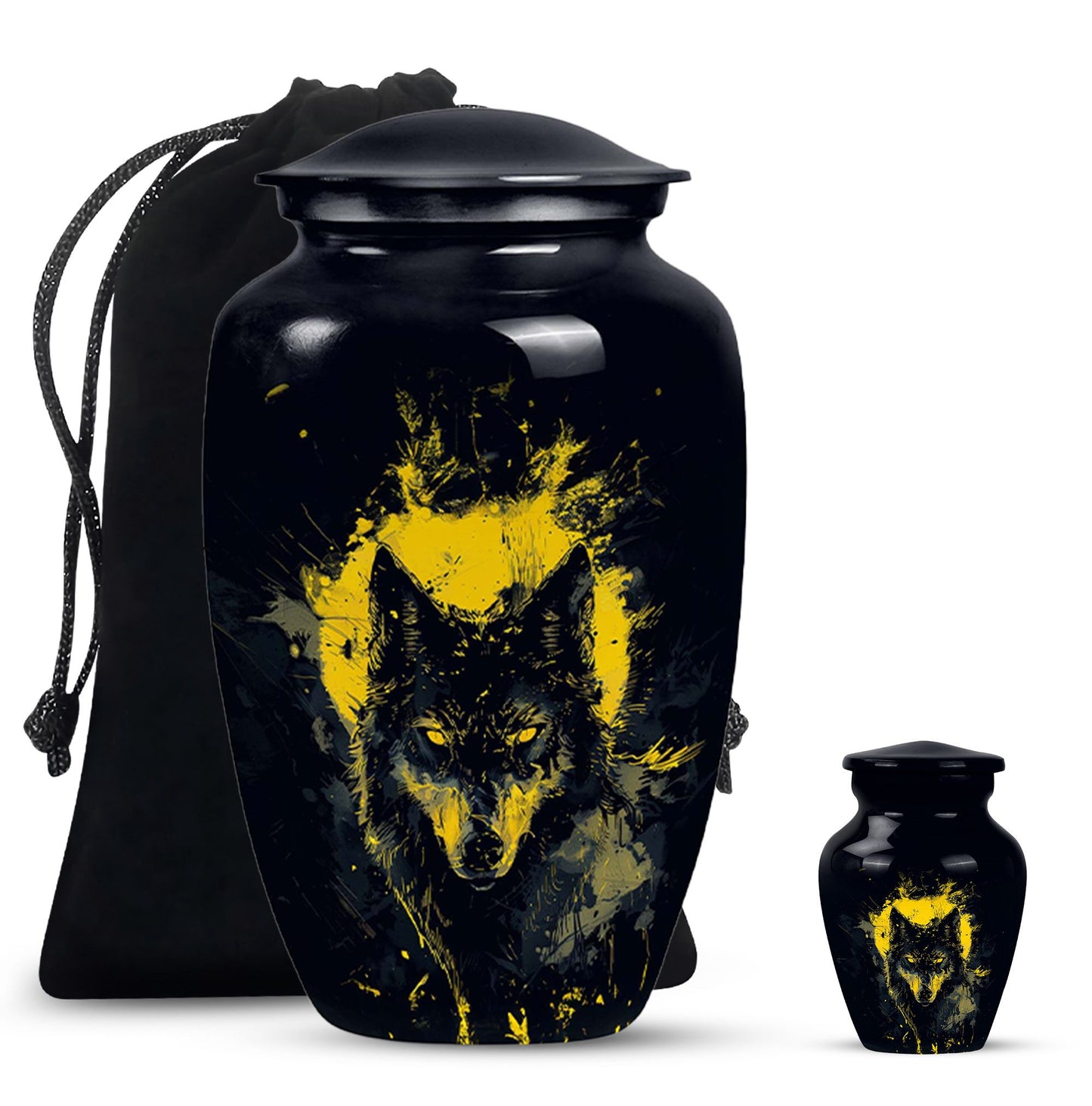 Black Personalized Wolf Cremation Urn for Human Ashes - 10-inch, 200 cu in - Yatskia